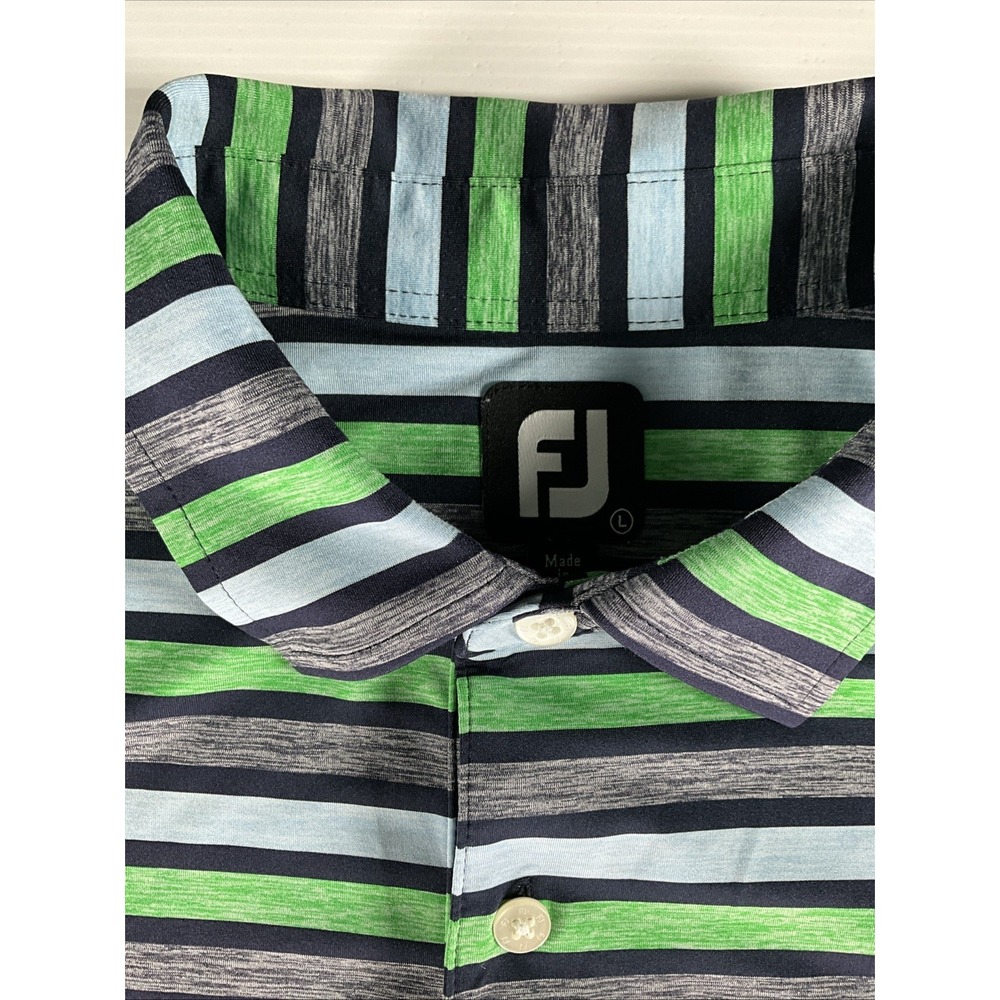 Footjoy Shirt Mens Large Green Stripped Polo Golf Athletic Fit Performance Logo